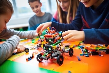 Children enthusiastically assemble detailed construction kit with bright details of constructor. Group of children using imagination assembled from designer parts of toy to play