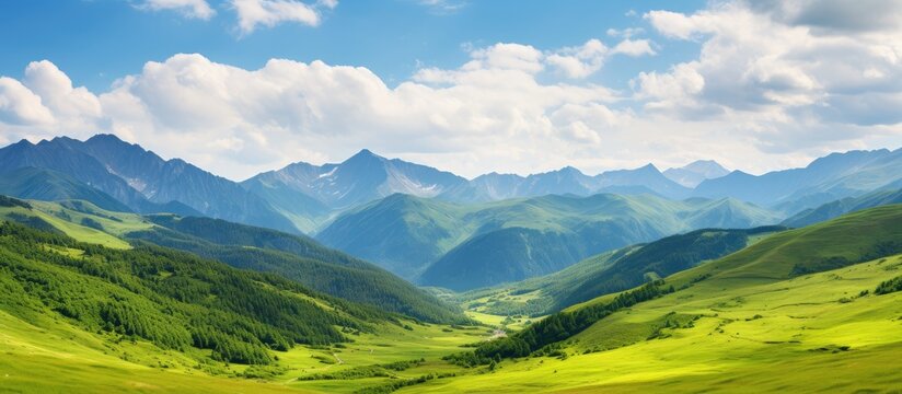 During the summer I traveled to a picturesque mountain destination with a breathtaking landscape adorned with lush green grass surrounded by towering mountains covered in autumnal hues all u