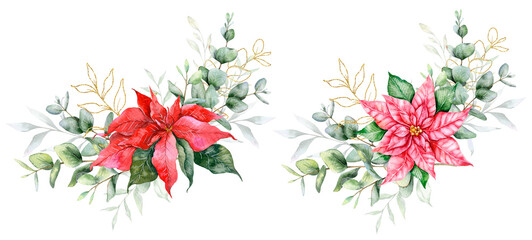 Eucalyptus and Poinsettia Christmas Bouquet Hand Painted Watercolor Illustration. Perfect for wedding invitations, floral labels, bridal shower and floral greeting cards