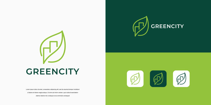 simple leaf logo, green city building logo design concept.