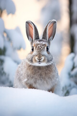 Obraz premium Adorable gray hare rabbit in a snowy winter forest