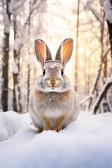 Fototapeta premium Adorable gray hare rabbit in a snowy winter forest