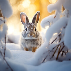Fototapeta premium Adorable gray hare rabbit in a snowy winter forest
