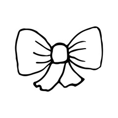 Icon of cute contour of bow tie or bow for gift isolated on white background. Vector illustration in doodle style.