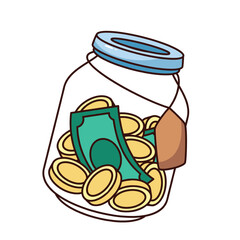 Groovy jar of coins and money bills vector illustration. Cartoon isolated retro wealth sticker of glass bottle for banknotes and gold storage, funny moneybox mascot to save and invest cash money