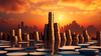 Stacked of coin money tall as towers in sun rise  AI generated illustration