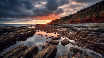 Obraz premium A rocky coastline framed by a dramatic sky at dusk AI generated illustration