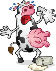 A dairy cow cartoon character crying over spilled milk with big round pink udders vector clip art illustration
