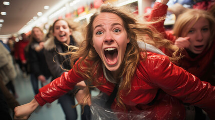 Consumers running through a shopping mall looking for discounted products on Black Friday