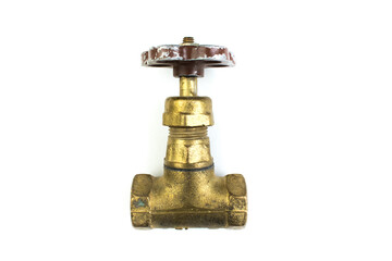 Brass stop water valve on white background. Top view.