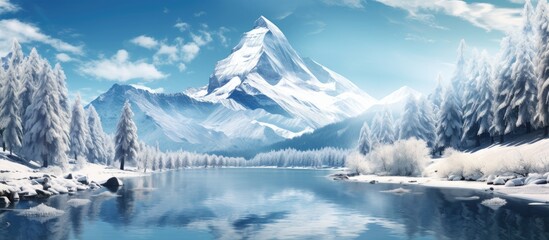 In the background of a snowy winter landscape a majestic mountain rises against a clear blue sky surrounded by a white forest of trees The frozen lake reflects the ethereal beauty of the ice