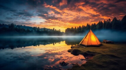 A lone tent pitched by a calm lake at sunrise  AI generated illustration