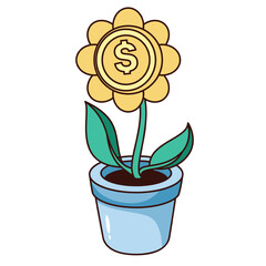 Groovy money plant vector illustration. Cartoon isolated tree with gold dollar coin and green leaf, cash money growing in pot, retro financial sticker of currency, rich fund and revenue growth
