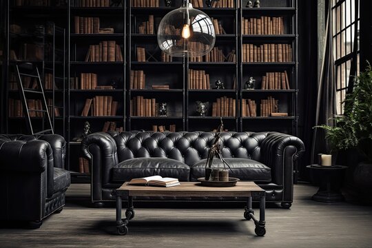 black chesterfield sofa in an industrial style living room