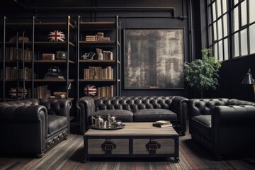 black chesterfield sofa in an industrial style living room