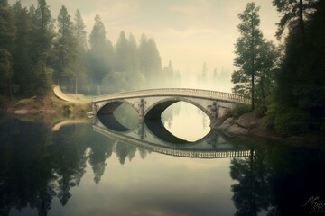 A bridge spanning across a serene lake. Generative AI