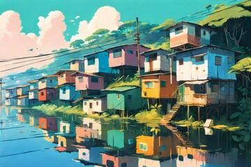 Casas coliridos de uma favela em um morro às margens de um rio ou mangue. - obrazy, fototapety, plakaty