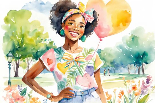 Ilustr&ccedil;&atilde;o de uma jovem, morena, linda, com trajes coloridos de ver&atilde;o em um parque ,