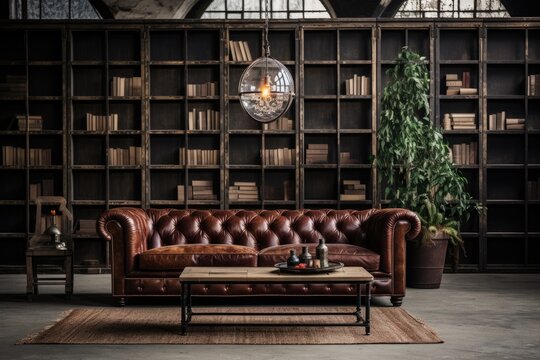 brown chesterfield sofa in an industrial style home