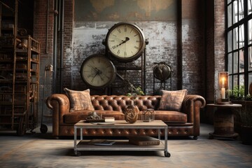 brown chesterfield sofa in an industrial style home