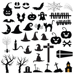 Set of silhouettes of Halloween on a white background. Vector illustration
