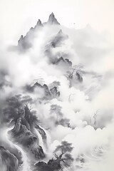 Abstract art drawing by asian style. Black and white landscape, ink drawing.