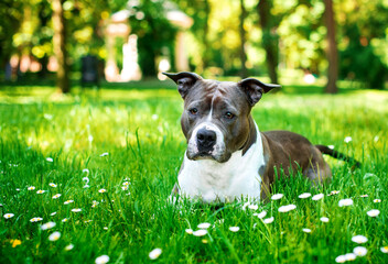 A dog of the American Staffordshire terrier breed lies in the green grass on the background of the park. She has an offended look and a beautiful body. Walking and training. The photo is blurred. - obrazy, fototapety, plakaty