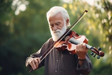 Old man with gray beard in dark shirt diligently plays violin. Adult man with gray hair and beard focused playing violin creating pleasant melody in nature surrounded by bright summer trees. - obrazy, fototapety, plakaty