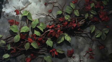 a painting of a vine with red berries