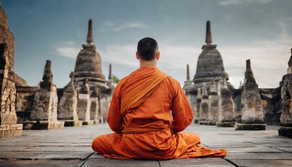 Back view of buddhist monk in orange robe, asian master meditating sitting in lotus pose in fron of ancient temple or monastery