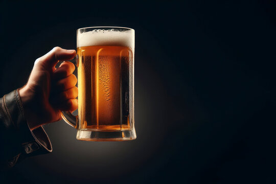 a hand holds a tall beer mug against a dark background. ai generative
