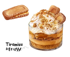 Watercolor illustration of tiramisu mousse dessert close up. Design template for packaging, menu, postcards.