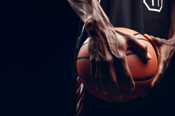 close up view of african american basketball player man hand and ball. ai generative