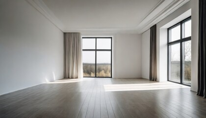 Fototapeta na wymiar Empty modern room with white walls and big windows, minimalist interior design in luxury apartment, clean and contemporary space