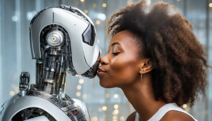 Futuristic love story of a woman kissing robot, romantic couple in a digital world, exploring AI and human relationship
