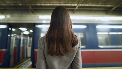 Obraz premium Lonely woman standing on platform in front of moving train in subway or on metro station