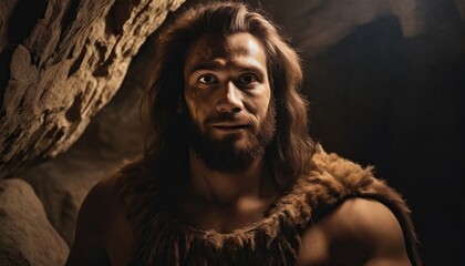 Portrait of a neanderthal man, prehistoric human, tribal caveman in a dark cave, hunter from prehistory - obrazy, fototapety, plakaty