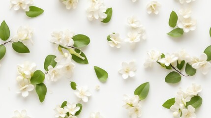 Seamless pattern of jasmine flowers on white background. Beautiful floral pattern of spring flowers. Generative AI