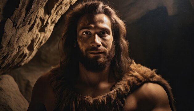 Portrait of a neanderthal man, prehistoric human, tribal caveman in a dark cave, hunter from prehistory
