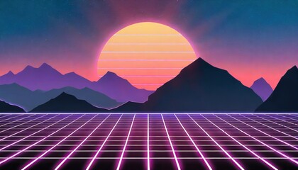 Synthwave retro cyberpunk style landscape background banner or wallpaper. Bright neon pink and purple colors - obrazy, fototapety, plakaty