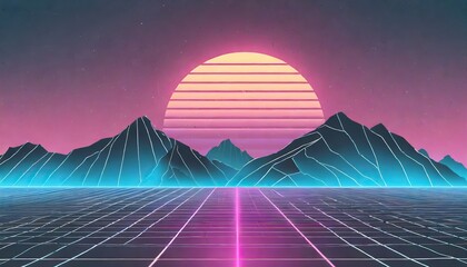 Synthwave retro cyberpunk style landscape background banner or wallpaper. Bright neon pink and...