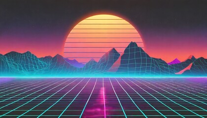 Synthwave retro cyberpunk style landscape background banner or wallpaper. Bright neon pink and...