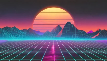 Store enrouleur Gris 2 Synthwave retro cyberpunk style landscape background banner or wallpaper. Bright neon pink and purple colors