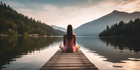 person sitting on the edge of a lake - relaxing  - obrazy, fototapety, plakaty