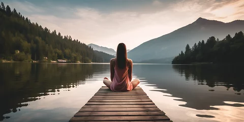 Fototapeten person sitting on the edge of a lake - relaxing  © Artworld AI