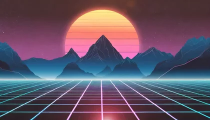 Poster Synthwave retro cyberpunk style landscape background banner or wallpaper. Bright neon pink and purple colors © Marko