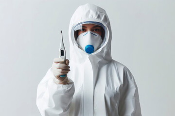 Doctor in hazmat suit hold temperature with thermometer gun. ai generative - obrazy, fototapety, plakaty