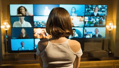 Fototapeta na wymiar Woman watching smart TV wall, displaying many streaming channels and online media, entertainment and technology concept
