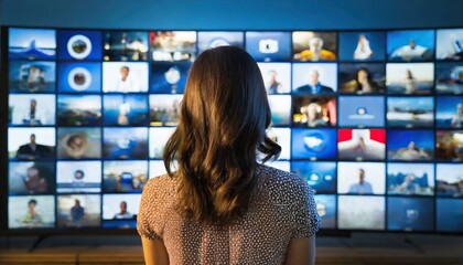 Woman watching smart TV wall, displaying many streaming channels and online media, entertainment and technology concept