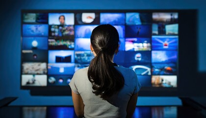Woman watching smart TV wall, displaying many streaming channels and online media, entertainment and technology concept